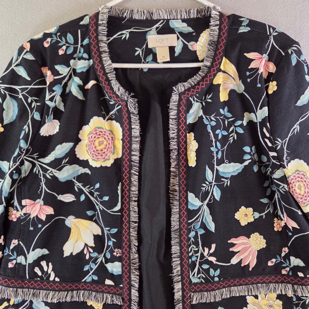 Loft Black Floral Fringe Open Front Jacket 14 Botanical Tapestry Boho Artsy - Picture 2 of 6